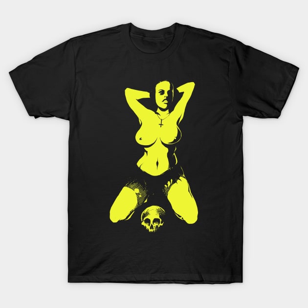 Sexy lady and skull (yellow version) T-Shirt by wildsidecomix